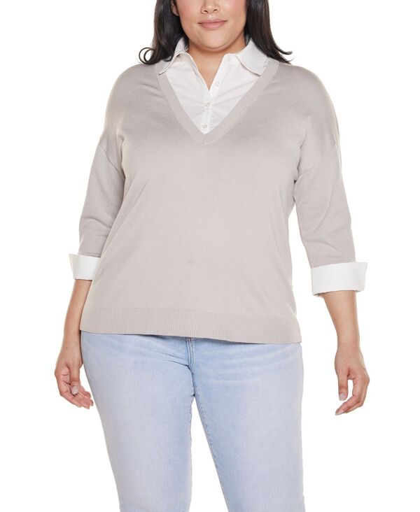 【貨物輸送無料】 ベルディーニ レディース 編み物・プルオーバー アウター Plus Size Woven-Collar Twofer Sweater Silver ニット・セーター-セーター
