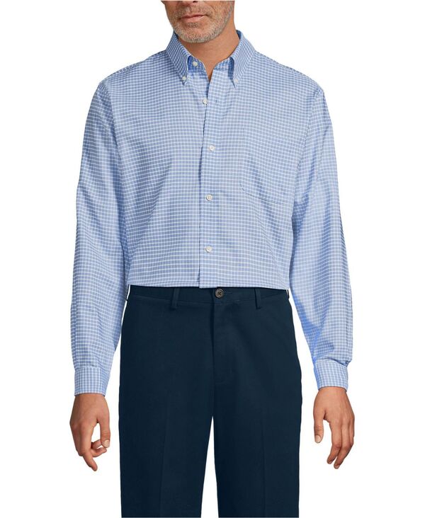 ランズ挙げ句のはて メンズ トップス プルオーバー オックスフォード 綿織物 Lands\u0027 End Men\u0027s No Iron Supima Cotton Oxfordresshirt Soft french blue plaid 青色