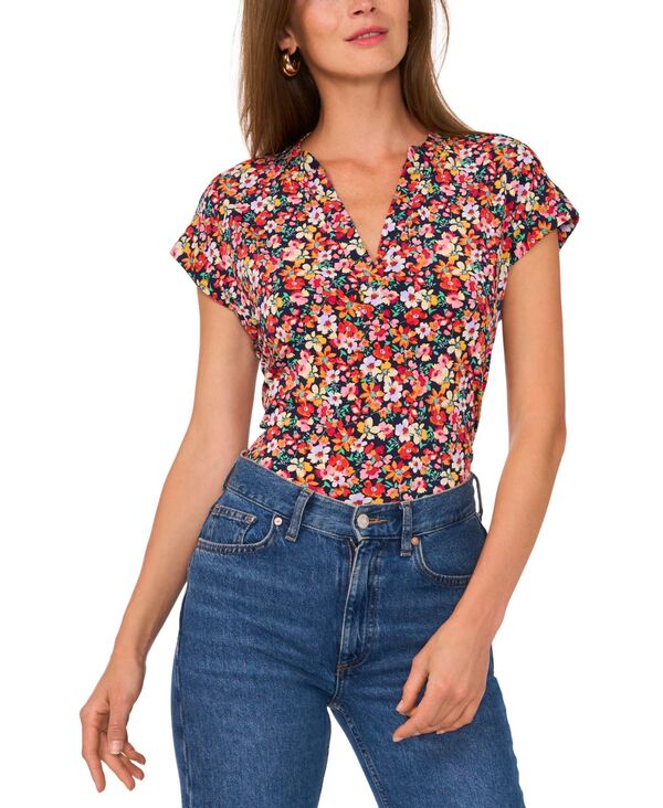 ヴィンスカムート レディース トップス シャツ フラワー柄 プリント キャップスリーブ キャップ フラワー Vince Camuto Women's Floral-Print Split-Neck Cap-Sleeve Top Navy/coral Floral ネイビー