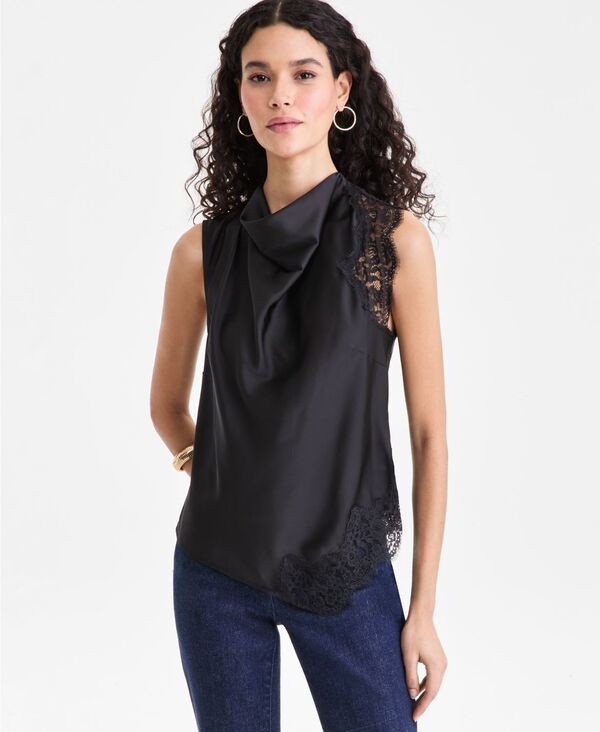 アイ.エヌ.シー インターナショナル コンセプト レディース トップス シャツ ノースリーブ レース I.N.C. International Concepts Women's Lace-Trim Cowl-Neck Sleeveless Top Macy's Exclusive Deep Black ブラック
