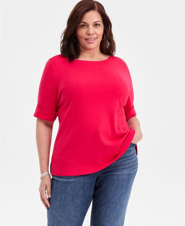 スタイルアンドコー レディース トップス シャツ コットン Style & Co Women's Boat-Neck Elbow Sleeve Cotton Top Exclusively at Macy's Fresh Lipstick