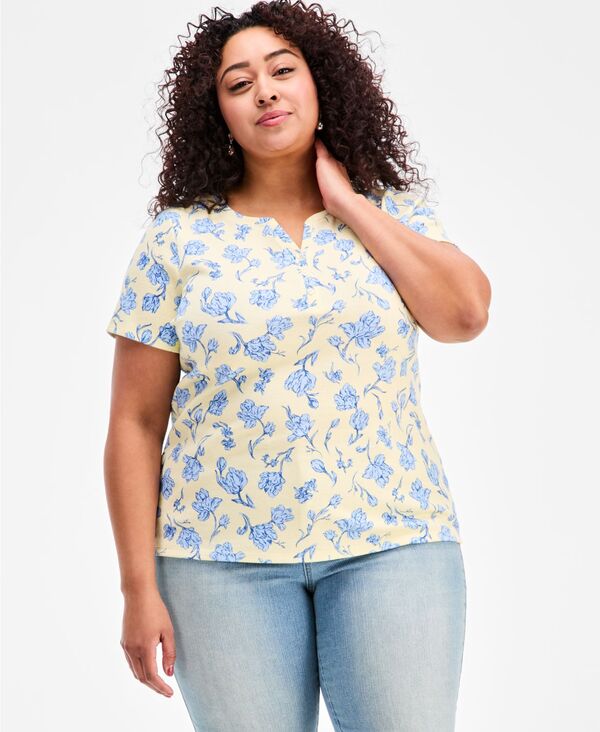 スタイルアンドコー レディース トップス シャツ 半袖 コットン Style & Co Women'short-Sleeve Cotton Henley Top Exclusively at Macy's Pastel Yellow Combo イエロー