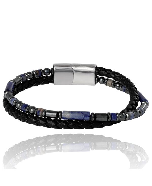 ラッキーブランド メンズ 佩び物 ブレスレット・バングル・アンクレット なめし革 Lucky Brand Mens Braided Leather \u0026 Sodalite Bead 8.5\u0027\u0027 Bracelet / Magneticlasp Black/blue/silver tone 黒いこと