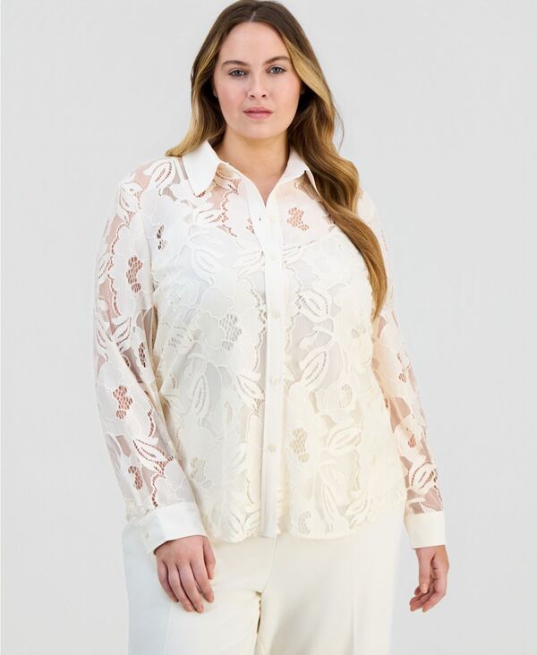 アンクライン レディース トップス シャツ プラスサイズ ダウン ブラウス レース Anne Klein Plusize Blossom Lace Button-Down Blouse White Dove ホワイト
