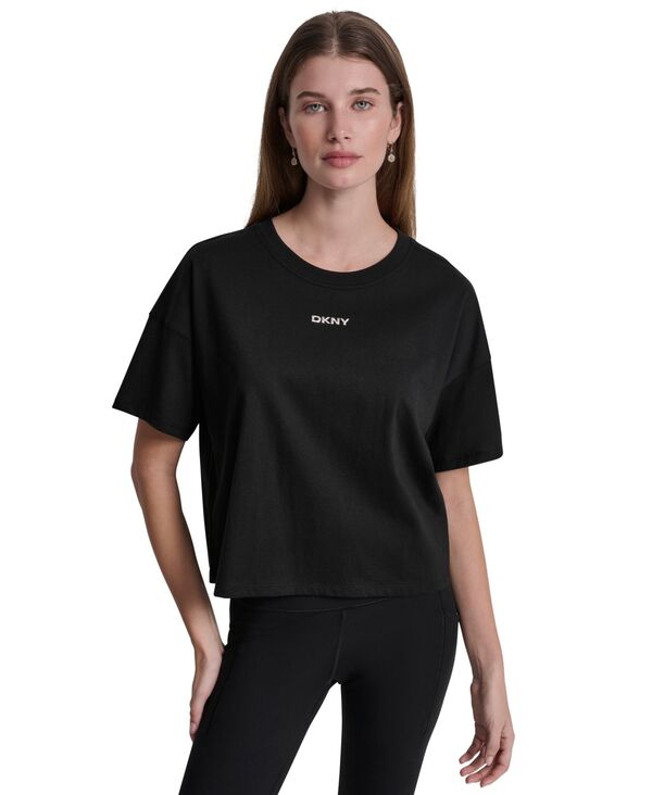 ダナ キャラン ニューヨーク レディース トップス Tシャツ ドロップショルダー トール ロゴ DKNY Sport Women's Metallic Bubble Logo Drop Shoulder Pull-On T-Shirt Black ブラック|ReVida 店