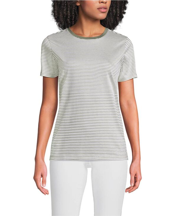 ランズエンド レディース トップス Tシャツ クルーネック コットン Lands' End Women'supima Cotton Crewneck T-Shirt Sage micro stripe セージ｜ReVida 店