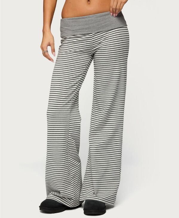 アディクテッド レディース ボトムス 心地好いズボン下 Edikted Women\u0027s Meggy Striped Foldover Pants Gray-and-white 白いこと レディースファッション-パンツ