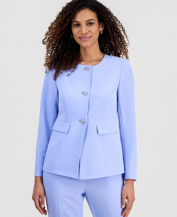 カスパール レディース アウター ジャケット・ブルゾン クレープ Kasper Women'stretch Crepe Three-Button Seamed-Waist Jacket Paris Blue ブルー
