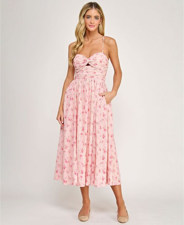 シティー スタジオ レディース トップス ワンピース フラワー柄 ミディ 刺繍 フラワー City Studios Juniors' Floral Embroidered Twist-Front Midi Dress Pink/Natural ピンク|ReVida 店