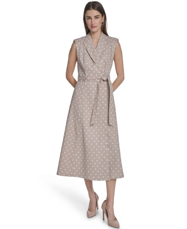 カルバンクライン レディース トップス ワンピース ミディ Calvin Klein Women's Collared Neck Midi Dress Latte/Cream クリーム｜ReVida 店