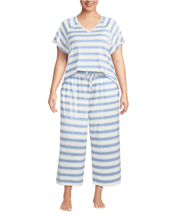 ランズエンド レディース アンダーウェア ナイトウェア プラスサイズ パンツ Lands' End Plusize Cooling Pajama Set - Short Sleeve Top and Cropants Misty blue stripe ブルー｜ReVida 店