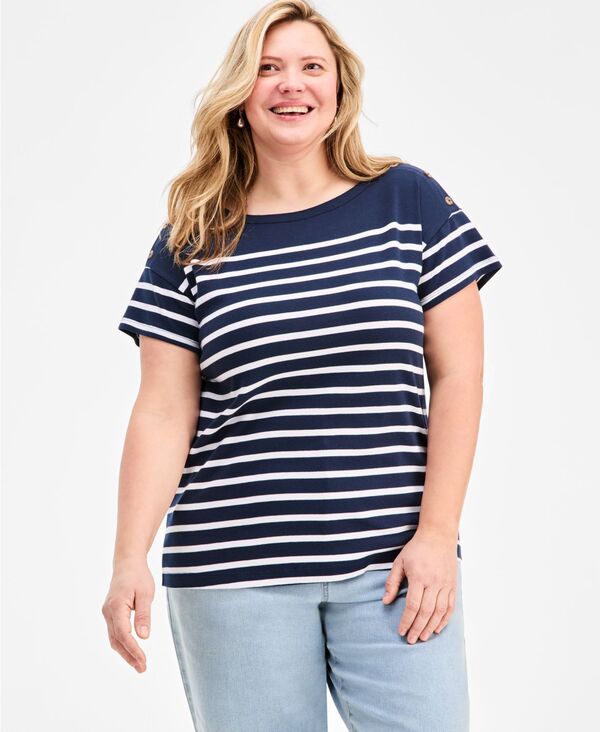 スタイルアンドコー レディース トップス シャツ プラスサイズ Style & Co Plusize Stripe Button-Trim T-Shirt Exclusively at Macy's Industrial Blue Combo ブルー 7,685円