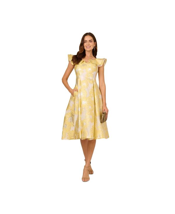 アドリアナ パペル レディース トップス ワンピース Adrianna Papell Women's Boat-Neck Flutter-Sleeve Dress Yellow Multi イエロー|ReVida 店