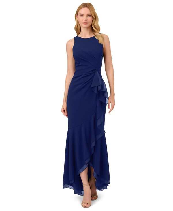 アドリアナ パペル レディース トップス ワンピース フリル ノースリーブ Adrianna Papell Women'sleeveless Ruffled High-Low Gownavy Sateen ネイビー|ReVida 店