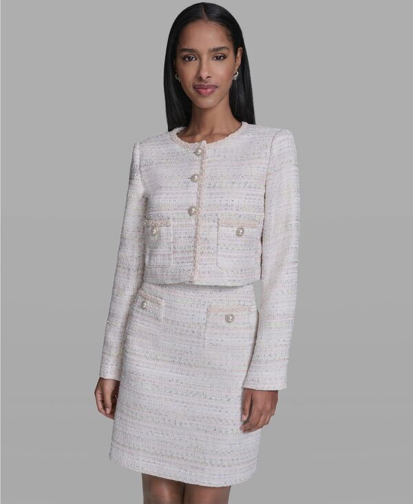 カール ラガーフェルド レディース アウター ジャケット・ブルゾン トール ツイード KARLAGERFELD PARIS Women's Metallic Tweed Button-Front Jacket Soft White Multi ホワイト
