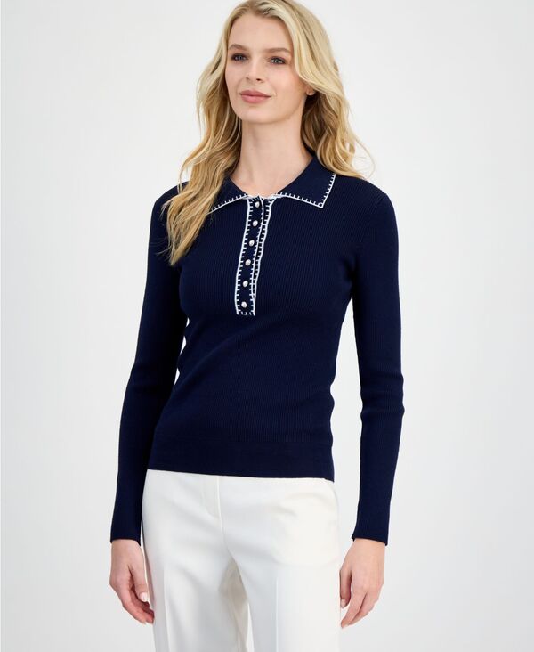 ティー・タハリ レディース アウター ニット・セーター リブ Tahari Women's Whipstitch Trim Ribbed Knit Sweater Navy / White ホワイト
