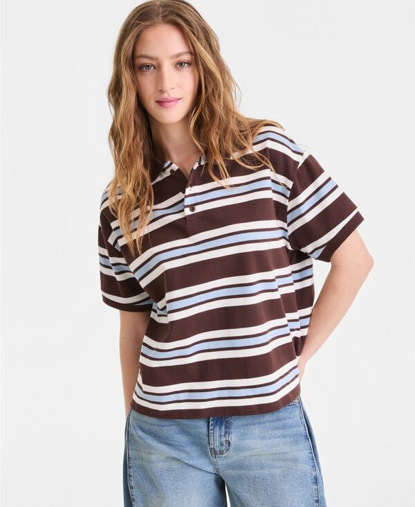 バースリー レディース トップス シャツ 半袖 コットン Bar III Women'striped Cotton Short-Sleeve Rugby Shirt Macy's Exclusive Bittersweet ストライプ 9,360円