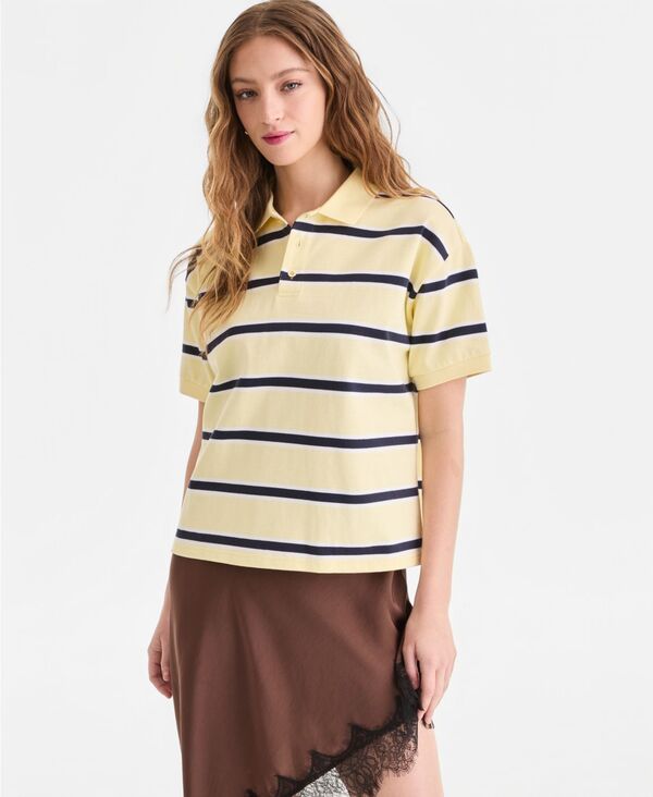 バースリー レディース トップス シャツ 半袖 コットン Bar III Women'striped Cotton Short-Sleeve Rugby Shirt Macy's Exclusive Butter Yellow イエロー