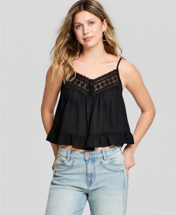 アンドノウディス レディース トップス 貯蔵タンクいの一番 And Now This Women\u0027s Crochet-Trim Tank Top Macy\u0027s Exclusive Deep Black 黒いこと タンクトップ-レディースファッション