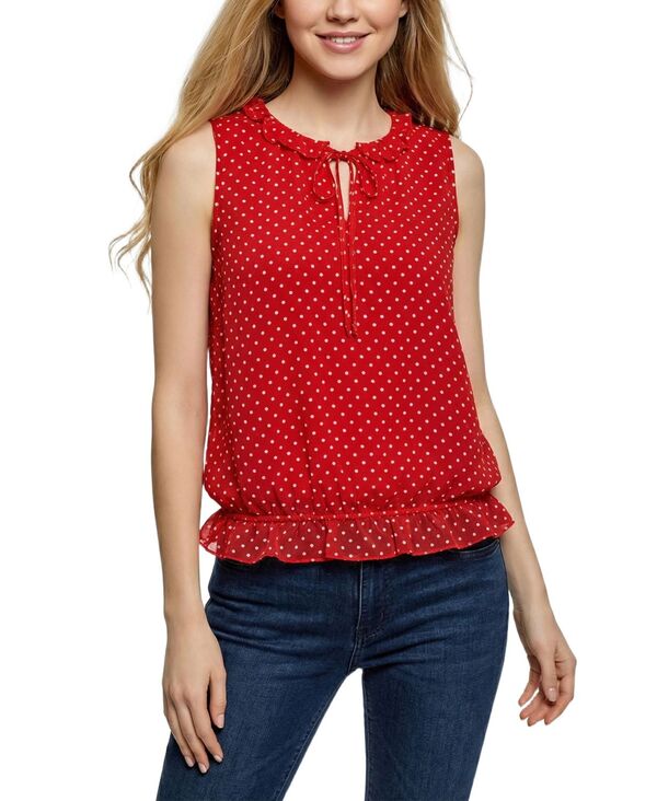 ニューヨークコレクション レディース トップス シャツ プチ フリル ノースリーブラウス NY Collection Petite Sleeveless Ruffle Flounced Blouse Chinese Red White Dots ホワイト 10,765円