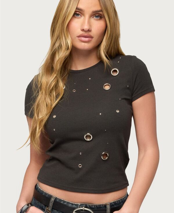 アディクテッド レディース トップス シャツ Edikted Women's Aitana Grommet Stud T Shirt Dark-gray グレー