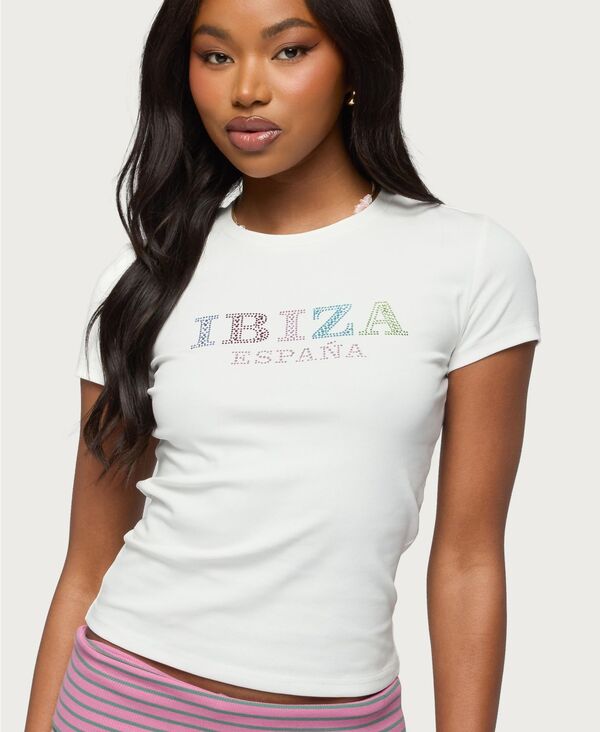 アディクテッド レディース トップス シャツ Edikted Women's Ibiza Rhinestone T Shirt White ホワイト｜ReVida 店