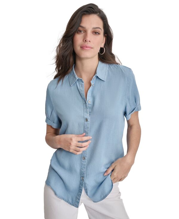 ダナキャランニューヨーク レディース トップス シャツ プチ 半袖 DKNY Jeans Petite Chambray Rolled Short-Sleeve Button-Up Shirt Chambray