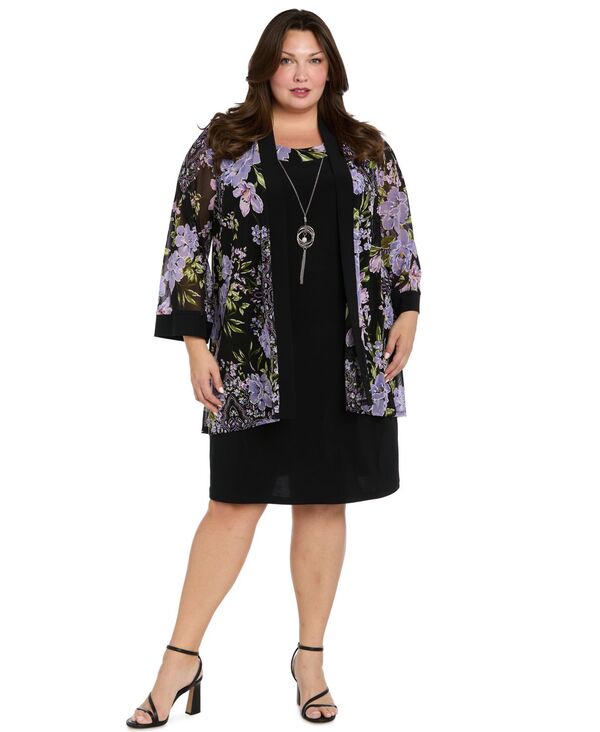 アールアンドエムリチャーズ レディース トップス ワンピース シフォン プチ レース ジャケット R & M Richards Petite Necklace Sheath Chiffon-Jacket Dress Black/lilac ブラック