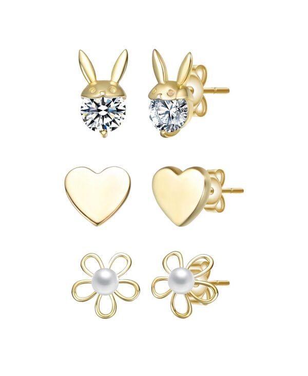 ジュネヴィヴェ レディース アクセサリー ピアス・イヤリング Genevive Plated with Clear Cubic Zirconia & Mother of Pearl Rabbit Heart & Flower Stud Earring 3-Piece Set Gold ゴールド