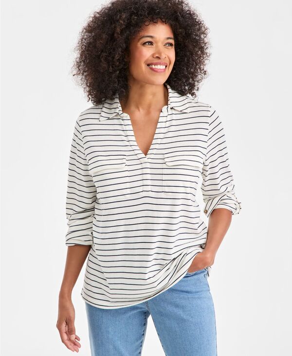 スタイルアンドコー レディース トップス ティーシャツ プチ Style \u0026 Co Petite Shirting Prima Pinstripe Relaxed-Fitop Macy\u0027s Exclusiveggnog Stripe 縞模様 トップス-レディースファッション