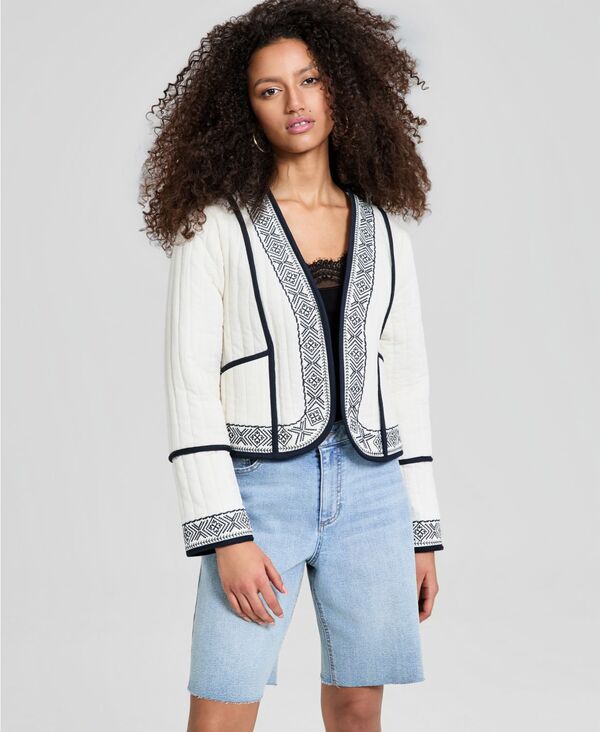アンドノウディス レディース アウター ジャケット・ブルゾン プチ リブ 刺繍 And Now This Petite Ribbed Embroidered Jacket Macy's Exclusive Off White オフホワイト