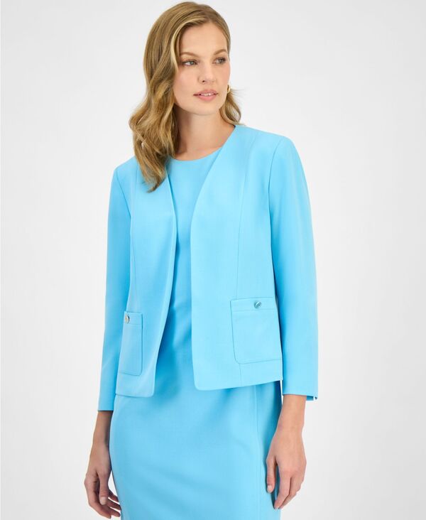 カスパール レディース アウター ジャケット・ブルゾン Kasper Women\'s Patch Pocket Open-Front Jacket Aqua Oasis アクア｜ReVida 店
