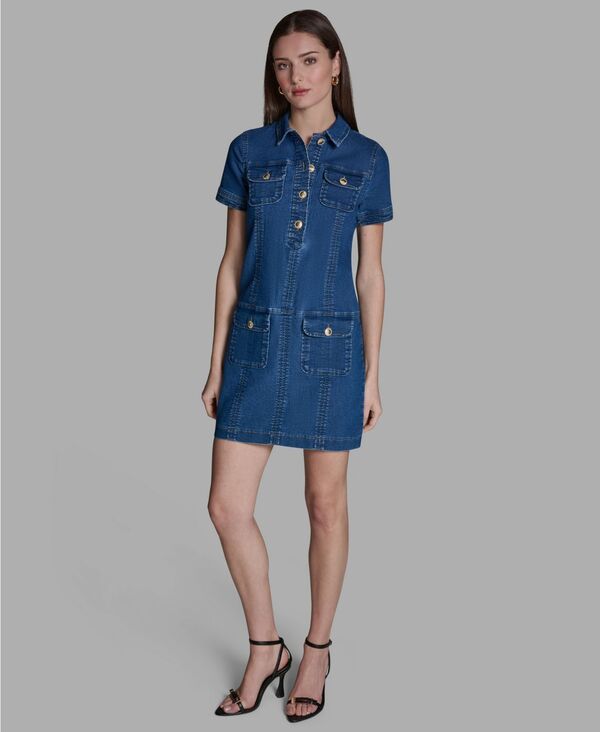 ビーシビージー レディース トップス シャツ デニム BCBG Women's Collared Neck Denim Shirt Dress Dark Wash Denim デニム｜ReVida 店