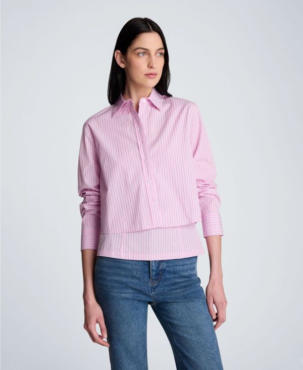 ケネスコール レディース トップス シャツ クロップド Kenneth Cole Striped Poplin Cropped Long Sleeve Button Front Shirt Candy Pink Multi ピンク｜ReVida 店
