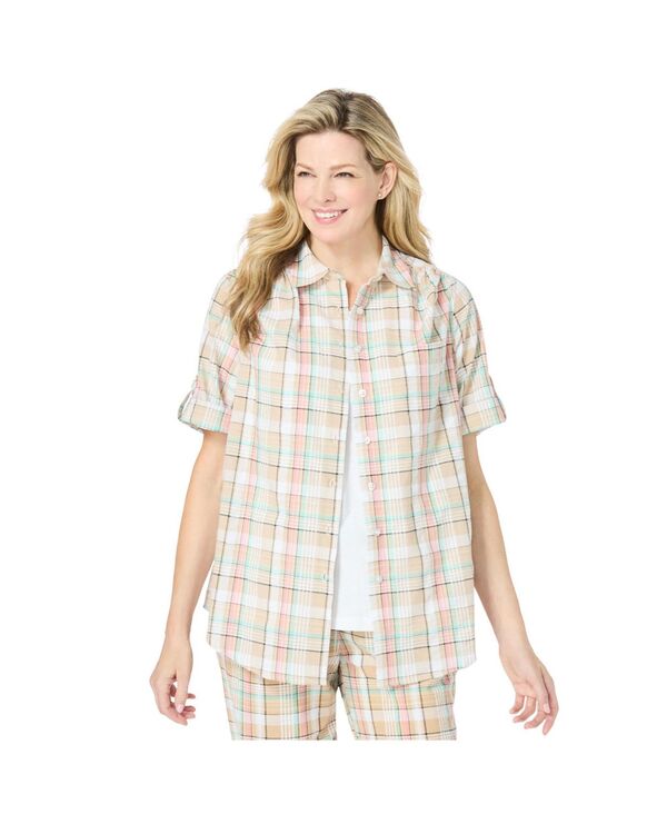 ウーマン ウィズイン レディース トップス シャツ ボタンダウン プラスサイズ 半袖 ダウン Woman Within Plusize Short-Sleeve Button Down Seersucker Shirt New khaki plaid カーキ