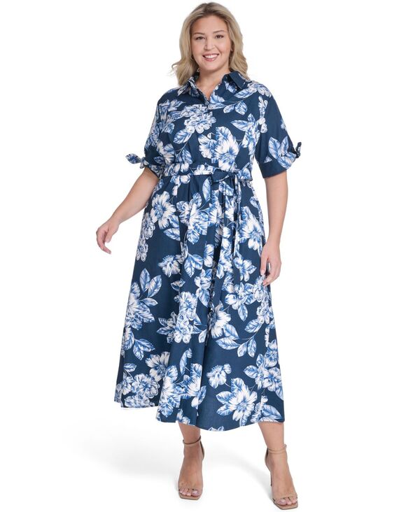 カルバンクライン レディース トップス ワンピース フラワー柄 プラスサイズ プリント ミディ フラワー Calvin Klein Plusize Floral-Print Midi Dress Indigo Multi インディゴ