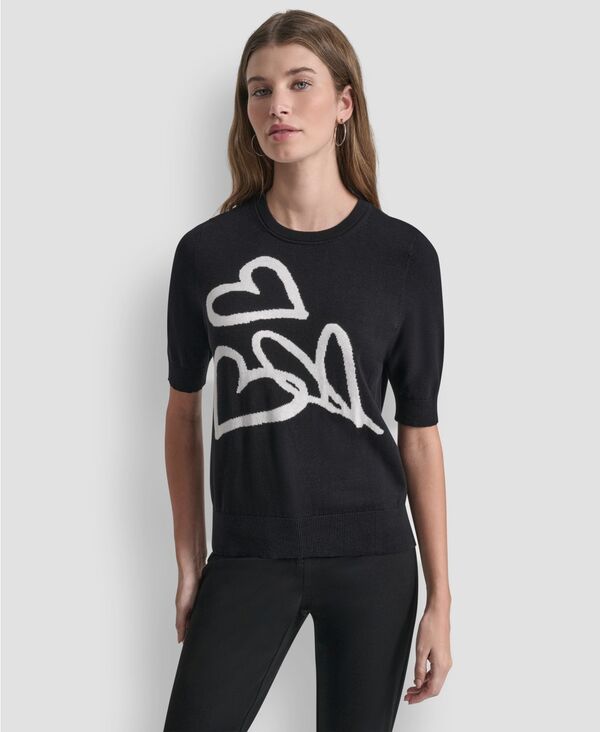 ダナ キャラン ニューヨーク レディース アウター ニット・セーター 半袖 DKNY Women'short-Sleeve Graffiti Heartsweater Top Black/Ivory アイボリー