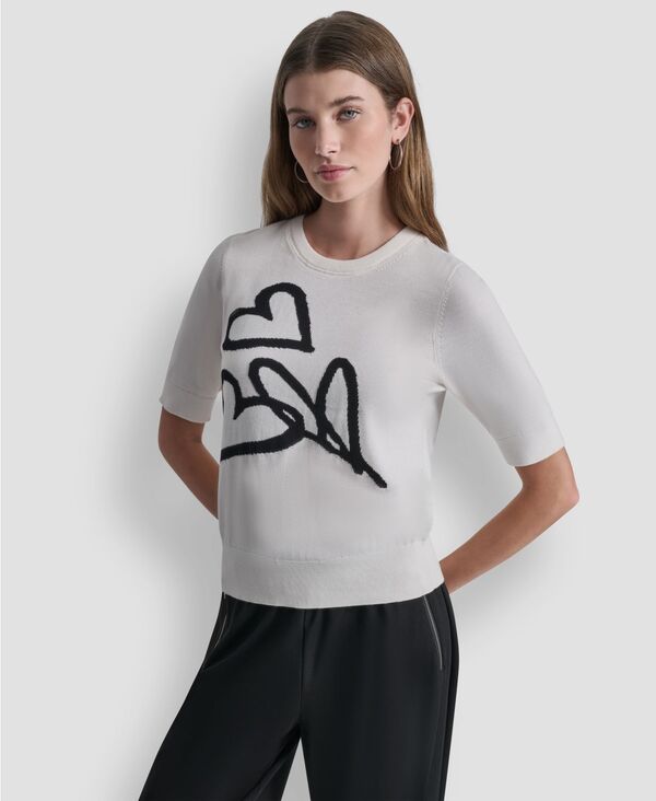 ダナ キャラン ニューヨーク レディース アウター ニット・セーター 半袖 DKNY Women'short-Sleeve Graffiti Heartsweater Top Ivory/Black アイボリー