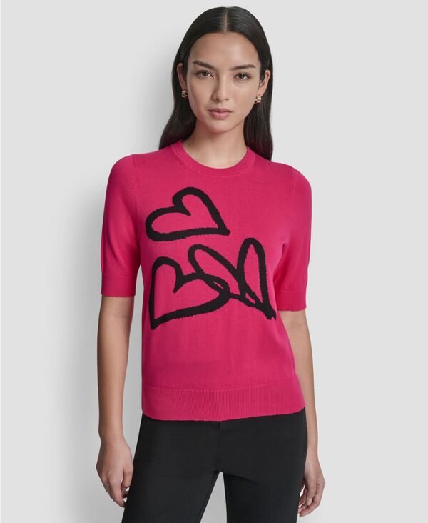 ダナ キャラン ニューヨーク レディース アウター ニット・セーター 半袖 DKNY Women'short-Sleeve Graffiti Heartsweater Topink/Black ブラック