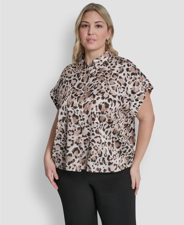 ダナ キャラン ニューヨーク レディース トップス シャツ プラスサイズ プリント DKNY Plusize Printed Camp Shirt Ivory/Travertine アイボリー