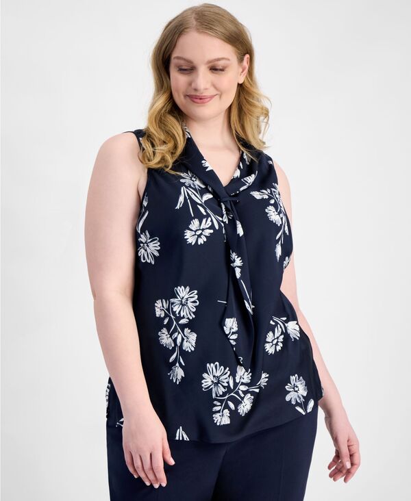タハリエーエスエル レディース トップス シャツ プラスサイズ ノースリーブラウス Tahari ASL Plusize Sailor Tie-Neck Sleeveless Blouse Navy Ivory アイボリー 17,381円