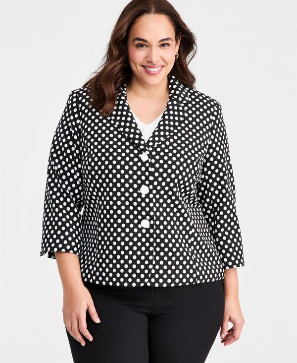 カスパール レディース アウター ジャケット・ブルゾン プラスサイズ Kasper Plusize Dot-Jacquard 3/4-Sleeve Jacket Black/Lily White ホワイト