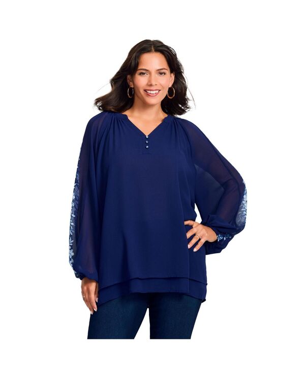 アベニュー レディース トップス シャツ ブラウス AVENUE Women's Double Layered Poet Blouse Blue flower border ブルー