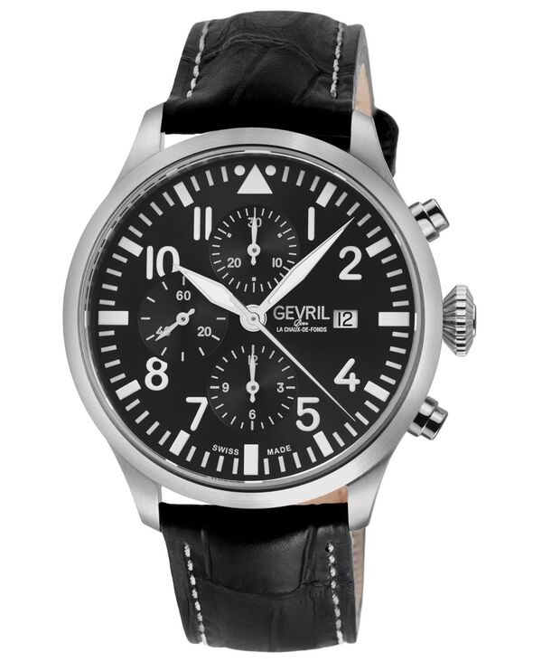 ジェビル メンズ アクセサリー 腕時計 レザー Gevril Men's Vaughn Swiss Automatic Black Italian Leather Strap Watch 44mm Silver シルバー