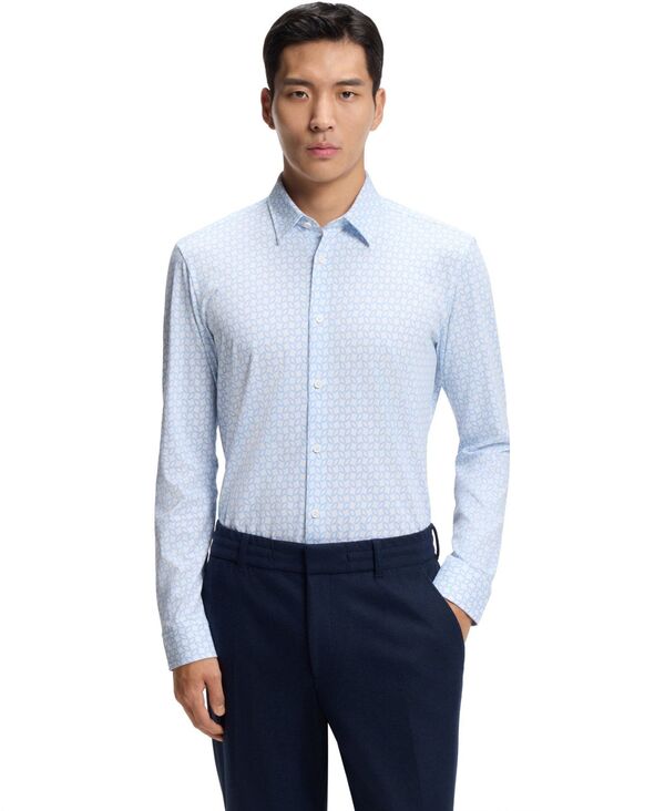 ヒューゴボス メンズ トップス シャツ プリント コットン Hugo Boss Men's Printed Cotton Blend Slim-Fit Dresshirt Open Blue ブルー