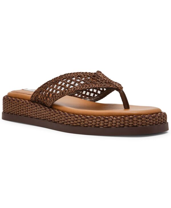 スティーブ マデン レディース シューズ スリッポン・ローファー サンダル Steve Madden Women\u0027s Bella Flatform Slip-On Thong Sandals Dark Brown Raffia 赤銅色