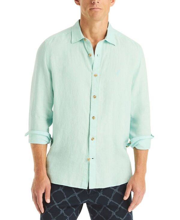 ナウティカ メンズ トップス シャツ リネン 長袖 Nautica Men's Classic-Fit Long-Sleeve Button-Up Solid Linen Shirt Big Sur Green グリーン