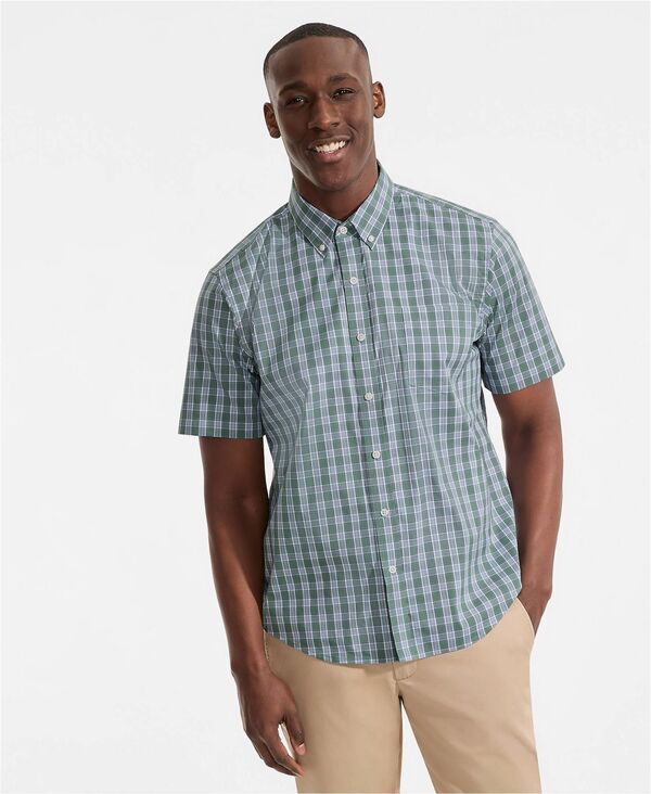 ランズエンド メンズ トップス シャツ Lands' End Men'short Sleeve Travel Kit Shirt Eucalyptus/white plaid ホワイト