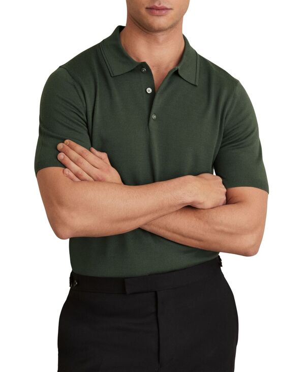 レイス メンズ トップス スポーツシャツ 絨毛 半袖 REISS Men\u0027s Merino Wool Short-Sleeve Polo Shirt Kale Green 緑であること トップス-ポロシャツ
