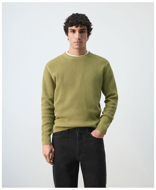 マンゴ メンズ アウター 編み物・スウェーター MANGO Men\u0027s Medium-Knit Microstructure Sweater Green Apple 緑であること